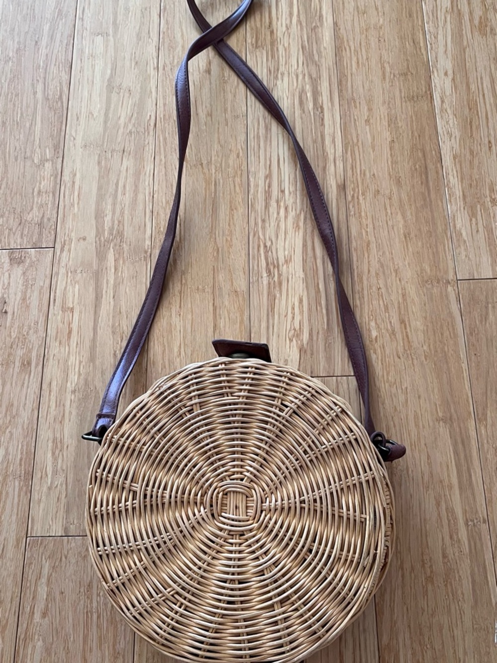 Round Woven Crossbody Bag with Brown Strap - Natural